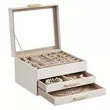 SONGMICS GISELLA Kollektion - Schmuckkästchen 3 Ebenen, Schmuckbox mit Glasdeckel, 2 Schubladen, Schmuckaufbewahrung, Geschenkidee, 20,3 x 23,1 x 13,5 cm, wolkenweiß-golden JBC239WTV1