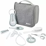 BÉABA - Kulturbeutel für Babys unterwegs - 9 Teile inklusiv : Badethermometer, Digitalthermometer, Beißring, Zahnfleischmassagegerät, Nasensekretsauger - Grünblau