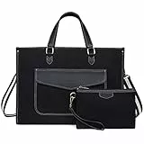Missnine Laptoptasche 15,6 Zoll Handtasche Damen Business Arbeitstasche Shopper Groß mit Clutch Geldbörse 2er Set Lehrertasche Aktentasche Für Büro Uni Schwarz