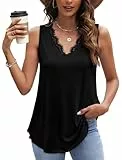 WIHOLL Tank Top Damen Spitzen Blusenshirt Elegant Ärmellos Tshirt Casual Basic Oberteile Sommer Shirt V Ausschnitt Schwarz L