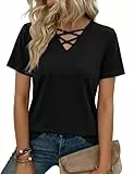Totatuit Tshirt Damen Sommer Basic Shirt Oberteile Damen V-Ausschnitt Kurzarm Einfarbig Casual Top Schwarz L