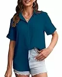 SPRING SEAON Damen Button-Down-Shirt Kurzarm Kragen Tops Arbeit Büro Chiffon Bluse, blau - peacock blue, Large