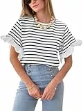 Tankaneo T Shirt Damen Streifen Shirts Rundhals Gestreiftes Oberteile Sommertops mit Rüschenärmel(Schearz,M)