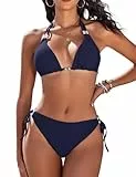 CMTOP Bikini Damen Set Neckholder Triangel Bikini Badeanzüge String Bikini Verstellbare Schnürung Hohe Taille Kordelzug Bikinihose Sexy Swimsuit Zweiteiliger Badeanzug mit Perlen(Marineblau_1, M)