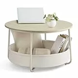VASAGLE LILEA Kollektion - Couchtisch rund, Tisch mit Stauraum, Beistelltisch, Wohnzimmertisch mit Korb aus Stoff, modern, Metallrahmen, naturbeige-cremeweiß LCT244K01