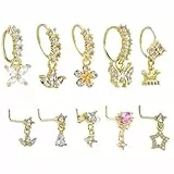 Yolev 10 Stück Nasenpiercing Ring Gold, 20G Nasenpiercing mit Anhänger Baumelnder Nasenring Nase Baumelnder Nasenstecker mit Zirkonia Herz Star Blume Schmuck für Frauen und Männer