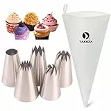 TAKUZA Profi Spritzbeutel Set 6 Stück Wiederverwendbar, 5 großen Edelstahl Spritztüllen für Kuchen, Torten, Kekse, Cupcakes, Makronen - Spritzbeutel mit Tüllen Groß & Spritzsack Backzubehör
