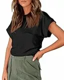 GeGekoko Damen T-Shirts Rundhalsausschnitt Basic Baumwolle Draped Sommer Oberseite Mit Geraffte Schwarz M