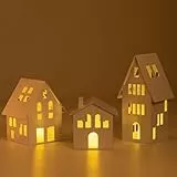 Lichthaus Metall Windlicht für Deko Wohnzimmer: Romadedi Haus mit LED Kerzen Kerzenhalter Laterne Weiß - für Weihnachtsdeko Weihnachten Teelichthaus Häuser für Room Decor Fensterdeko, 3er Set