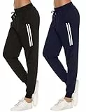 Sykooria Damen Jogginghose Sporthose Lang Yoga Hosen Freizeithose Laufhosen Baumwolle High Waist Trainingshose für Frauen, 2pcs-Schwarz+Dunkelblau, L