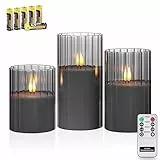 Rhytsing 3 Grau LED Kerzen im Glas mit Timerfunktion, Riffelglas Flammenlose Kerzen mit Fernbedienung und Batterien Enthalten, H 10/12,5/15cm