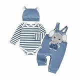 Himllauen Baby Jungen Kleidung Strampler Latzhose und Hut Set 3-teilige Bekleidungssets für Jungen Baby Set Neugeborene Geschenk Baby Klamotten Junge (Blau Elefant, 0-3 Months)
