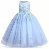 Blumenmädchenkleid Spitze bestickt Tüll Prinzessinnen kleid langes Abschlussballkleid Kinder Festlicher Festzug Hochzeit Brautjungfern Cocktail Partykleid Erstkommunion Kleid Skye Blau 7-8 Jahre