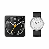 Braun Geschenkset Analog Quarzuhr mit schwarzem Zifferblatt, schwarzem Silikonkautschukband und Zwei Zeigern Classic Reise Analogwecker in Schwarz, Modell BN0231WHBLKG, BC02XB (2er Pack)