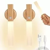 HOTUT Holz Wandleuchte Aufladbar mit Bewegungsmelder, 2 Stück LED Wandlampe Warmweiß ohne Stromanschluss mit Magnetische Basis, Kabellos Innen Wandleuchte für Treppen, Schlafzimmer, Flur