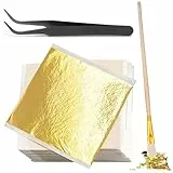 YOYEAH Blattgold essbar, 200 Blatt Goldfolie Papier 14x14cm für Torten Deko, Basteln & Malerei - Inkl. Pinzette und Bürste - Goldfolie zum Basteln, Blattgold 24 Karat Echtgold Imitation