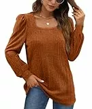 WIHOLL Pullover Damen Puffärmel Strickpullover Quadratischer Hals Langarmshirt Top Herbst Winter Tunika Lässiger Oberteile Elegant Karamell M