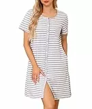Lovasy Still Nachthemd Damen Baumwolle Kurzarm Schlafshirt mit durchgehende Knopfleiste Gestreift Schlafhemd mit Taschen,Grau Streifen,L