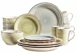 MÄSER 931603 Bel Tempo II 16-teiliges Vintage Geschirr Set für 4 Personen Blau, handbemaltes Keramik Kombiservice, Steingut, Rauchblau/Grün