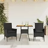 Mokuyary 3-TLG. Garten-Essgruppe mit Kissen Schwarz Poly Rattan Akazie Gartenmöbel Set, Sitzgruppe mit Stühlen und Tisch, Balkonmöbel Outdoor Möbelset für Terrasse, Garten, Balkon -C