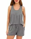 Wikoan Schlafanzug Damen Sommer Pyjama Set Weicher Rundhals Shorty Pyjama Kurz Nachtwäsche Sexy Schlafanzüge für Damen Hausanzug Grau M
