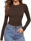 Aottori Unterziehshirt Damen Rundhalsausschnitt Shirt Langarm Baumwolle Thermoshirt Warm Eng Langarmshirt Slim Fit Unterziehpulli Herbst Winter Braun XXL