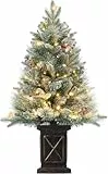 Weihnachtsbaum Künstlich mit Beleuchtung, 90 cm Künstlicher Weihnachten Baum Schneebeflockte mit 78 LED Retro Topfbasis Weihnachten Deko für Eingang Haus Büro