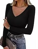 Totatuit Damen Langarmshirt Geripptes Oberteile V Ausschnitt Pullover Stretch T-Shirt Tops Baumwolle Casual Slim Fit Schwarz S