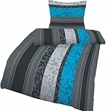 Soma Biber Bettwäsche Set, 100% Baumwolle, Reißverschluss, 135x200 cm oder 155x220 cm, mit Kopfkissenbezug 80x80 cm (blau grau Boho, 135 x 200 cm + 80 x 80 cm)