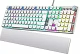 TECURS Mechanische Gaming Tastatur mit Magnetischer Handgelenkauflage & Red Switches, Beleuchtete QWERTZ Kabelgebundene Tastatur, 105 Tasten mit Anti-Ghosting & Multimedia-Drehregler für PC/PS5/PS4