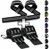 Fitgriff® Handgelenk Bandagen + Zughilfen (2er Set) - für Krafttraining, Fitness, Bodybuilding, Gewichtheben, Gym, Kraftsport - für Frauen und Männer (Black/Grey)