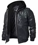 FLAVOR Echtes Lederjacke Herren Abnehmbarer Hoodie (3XL, Schwarz)