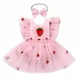 FYMNSI Baby M?dchen Kleidung 1. Geburtstag Outfit Sommer Strampler Neugeborene Partykleid T?ll T?t? Bodykleid Erdbeere Prinzessin Kleider mit Stirnband Festliches Festkleid Bekleidungssets Rosa 12-18M