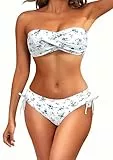 Ocean Plus Damen Bandeau-Kreuzdesign Padded Bikini-Set Trägerlose Push Up Neckholder Bikini mit Schnürdesign (XXL (EU 42-44), Kleine weiße Blaue Blumen)