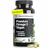 natural elements Premium Omega 3 Vegan – 60 Kapseln – 2000mg Algenöl, 800mg DHA und 400mg EPA pro Tagesdosis – Omega-3 für Veganer – hochdosiert, ohne unnötige Zusätze – laborgeprüfte Qualität