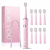 JTF Elektrische Schall Zahnbürste mit Zungenreiniger, 8 Bürstenköpfen, 5 Modi & Smart Memory, 2-Min-Timer, IPX7 Wasserdicht, Rechargeabilité, Schnellladung-3H, Erwachsene (Rosa)