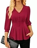 GRACE KARIN Damen Hemd Bluse Elegant Herbst V-Ausschnitt Tops Casual Stretch Plissee Laternenärmel Pullover Weinrot M