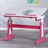 Inter Link – Höhenverstellbarer Schreibtisch – Kinderschreibtisch – Schülerschreibtisch – Neigungsverstellung – Buchhalterung – Massivholz weiß lackiert - Applikationen in Rosa - Rosa / Weiß