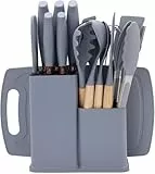 Küchenmesserset, 19-teiliges Küchenutensilien-Paket, einschließlich 5 Messern und 13 Silikon-Küchenutensilien sowie 1 Aufbewahrungsbox, geeignet für Zuhause und Partys (grau)