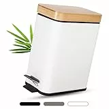 yamagahome 5L Kosmetikeimer, Badezimmer Mülleimer mit Bambus Deckel, Schlanker Kleiner Mülleimer mit Softclose Absenkautomatik und herausnehmbaren Inneneimer für Badezimmer, Schlafzimmer (Weiß)