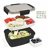 Bugucat Lunchbox Erwachsene 2000ML mit Aufkleber,Auslaufsichere Brotdose Erwachsene Bento Box mit Fächern für Kinder,Salatbehälter Salatbox to Go mit Gabel,Brotdose Frühstücksbox,Schwarz