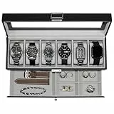 KILHS Uhrenbox mit 6 Fächern,Uhrenbox mit Glasdeckel,Uhrenaufbewahrung Box mit 1 Schublade zur Aufbewahrung von Schmuck, Ringen, Manschettenknöpfen usw.Schwarz-Grau