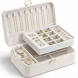 VLANDO Schmuckkästchen Mädchen Damen, Doppelschicht Schmuckschatulle mit 2 Uhrenkissen, Abschließbare Schmuckaufbewahrung, Schmuckkasten Box für Ringe Ohrringe Armbänder Halsketten, Beige