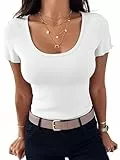 Terecey Tshirt Damen Kurzarm Rundhals Sommer Kurzarmshirt Slim Fit Einfarbig T-Shirt Ribbed Stretch Oberteile Casual Elegante Top, Weiß S
