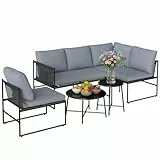 Outsunny Lounge Gartenmöbel Set 4-5 Personen Gartenlounge Set mit 2 Sitzer Gartensofa 2 Couchtisch Stuhl dick waschbar Kissen Netzsitze Seitentasche, Balkonmöbel Ecksofa Outdoor Sitzgruppe Dunkelgrau