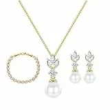 Schmuckset Gold für Damen, Hochzeit Schmuckset Perlen Ohrringe Halskette Armband, Brautschmuck Set mit 5A Funkeln Zirkonia Blumen Silber 925 Schmuck mit Geschenkbox Geschenke für Braut Brautjungfer