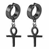 Flongo Creolen Ohrklemme mit Ankh Ägyptischen Kreuz Anhänger schwarz Ohrringe Ohne Loch edelstahl Baumeln non-piercing ohrklipp ear clips earrings für Damen Herren mädchen