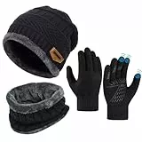 OOPOR Kinder Wintermütze Schal Touchscreen Handschuhe Set - Beanie Strickmütze Winterschal Thermo Fleecefutter Warme Knit Hut Loop Rutschfeste für Junge Mädch 5-10 Jahre