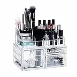 Relaxdays Make-Up Organizer, 3 Schubladen, Schmink-Aufbewahrung f. Nagellack, Lippenstift, Acryl Organizer, transparent