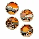 Boho Kunst Wanddeko,Boheme Wandkunst - 4er-Set Runde Holzrahmen Mit Geometrischem Design Rustikale Deko Für Eingangsbereich Flur Kaminbank Fensterbank Balkon Galerie